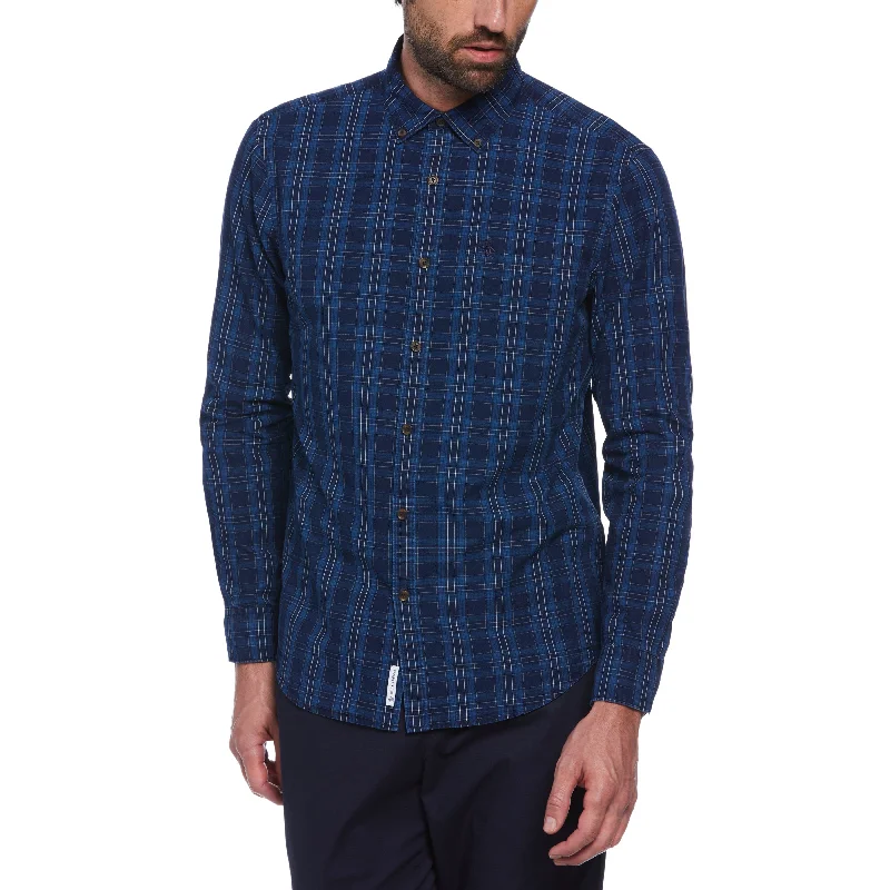 Men's Hawaiian Print Shirts for Luau PartiesCotton Indigo Plaid Print Button-Down Shirt