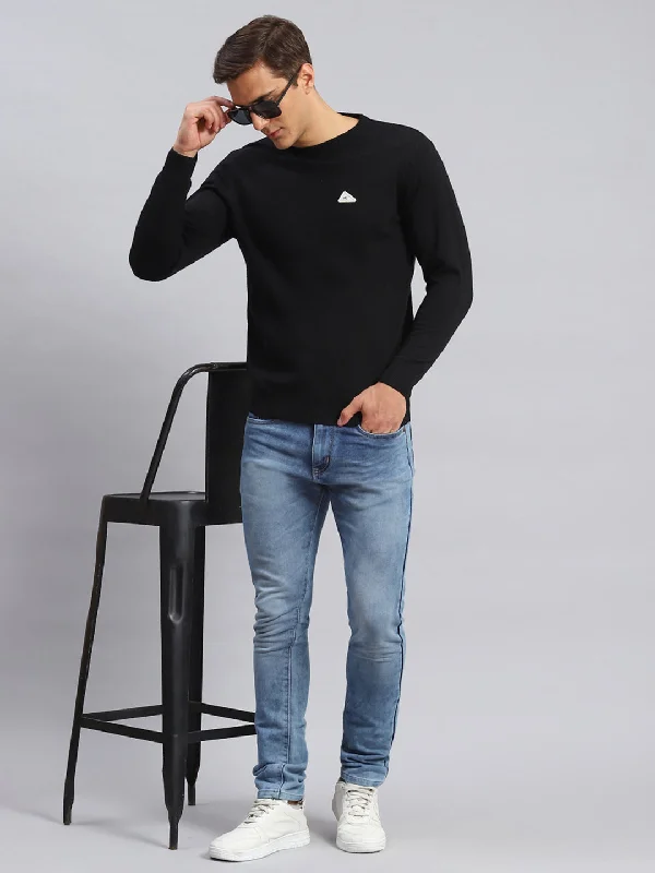 Men's Sweaters with Pleated DesignsMen Black Solid Wool blend Pullover