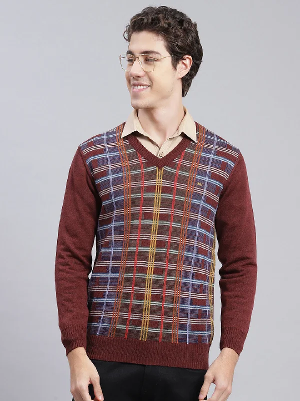 Stylish Men's Turtleneck SweatersMen Maroon Printed Wool blend Pullover